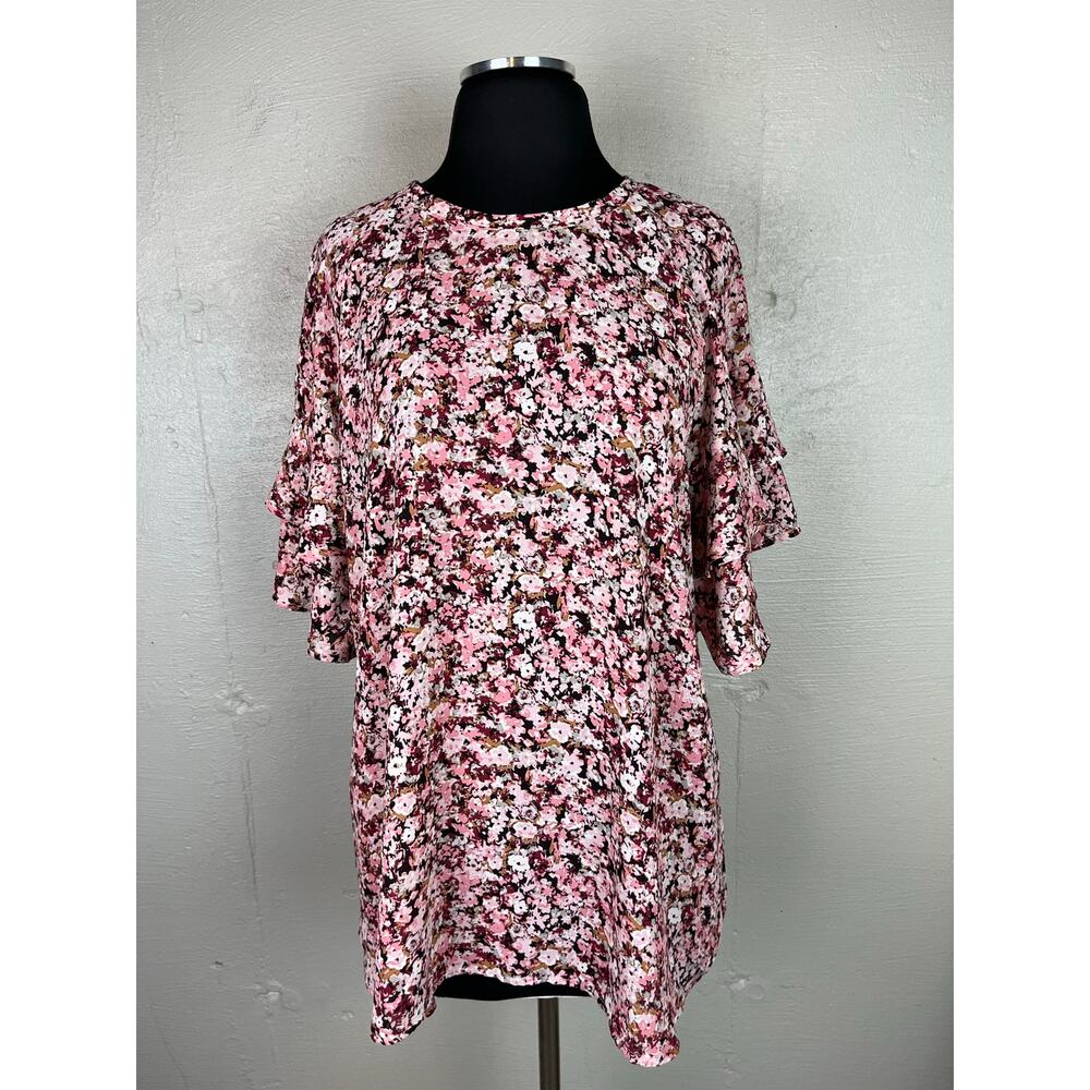 Maurices Women’s Pink Brown Floral Print 3/4 Sleeve Lightweight Blouse Size 1X